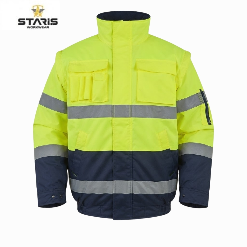 High-visibility neon yellow safety jacket with grey reflective bands, navy bottom, and multiple pockets (Staris Workwear).-