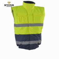 High-visibility neon yellow safety vest with multiple pockets and reflective stripes for visibility in low light.