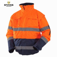 High-visibility orange work jacket with gray reflective bands and multiple pockets, shown against a white background.