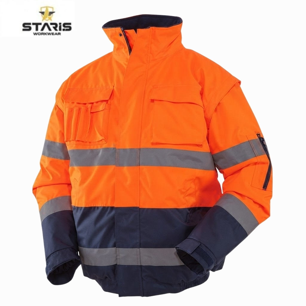 High-visibility orange work jacket with gray reflective bands and multiple pockets, shown against a white background.