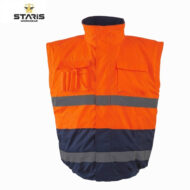 Orange high-visibility safety vest with a gray reflective band, multiple front pockets, and a navy lower panel (Staris Workwear branding in corner).