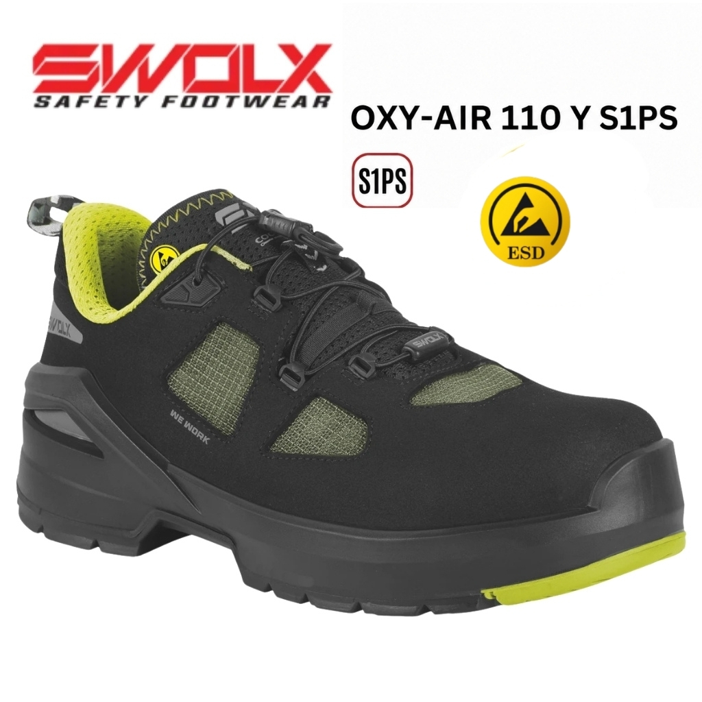 SWOLX safety shoe, black with lime lining and rugged outsole, model OXY-AIR 110 Y S1PS, ESD certified.