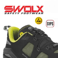SWOLX Safety Footwear logo above a black safety shoe with neon yellow lining, featuring ESD and S1PS badges.