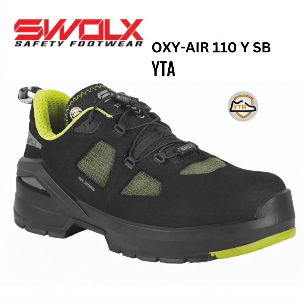 Black safety shoe with lime-green lining and rugged sole, SWOLX Safety Footwear branding above (OXY-AIR 110 Y SB YTA).