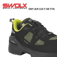 SWOLX safety boot OXY-AIR 110 Y SB YTA, black with olive mesh, yellow interior, shown from a side angle.