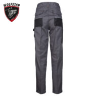 Grey cargo work pants with multiple pockets and black patch pockets; Wolfstar logo in the upper left corner.