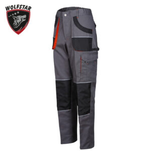 Grey cargo work pants with multiple pockets, black knee patches, and red stitching; Wolfstar logo in the top-left corner.