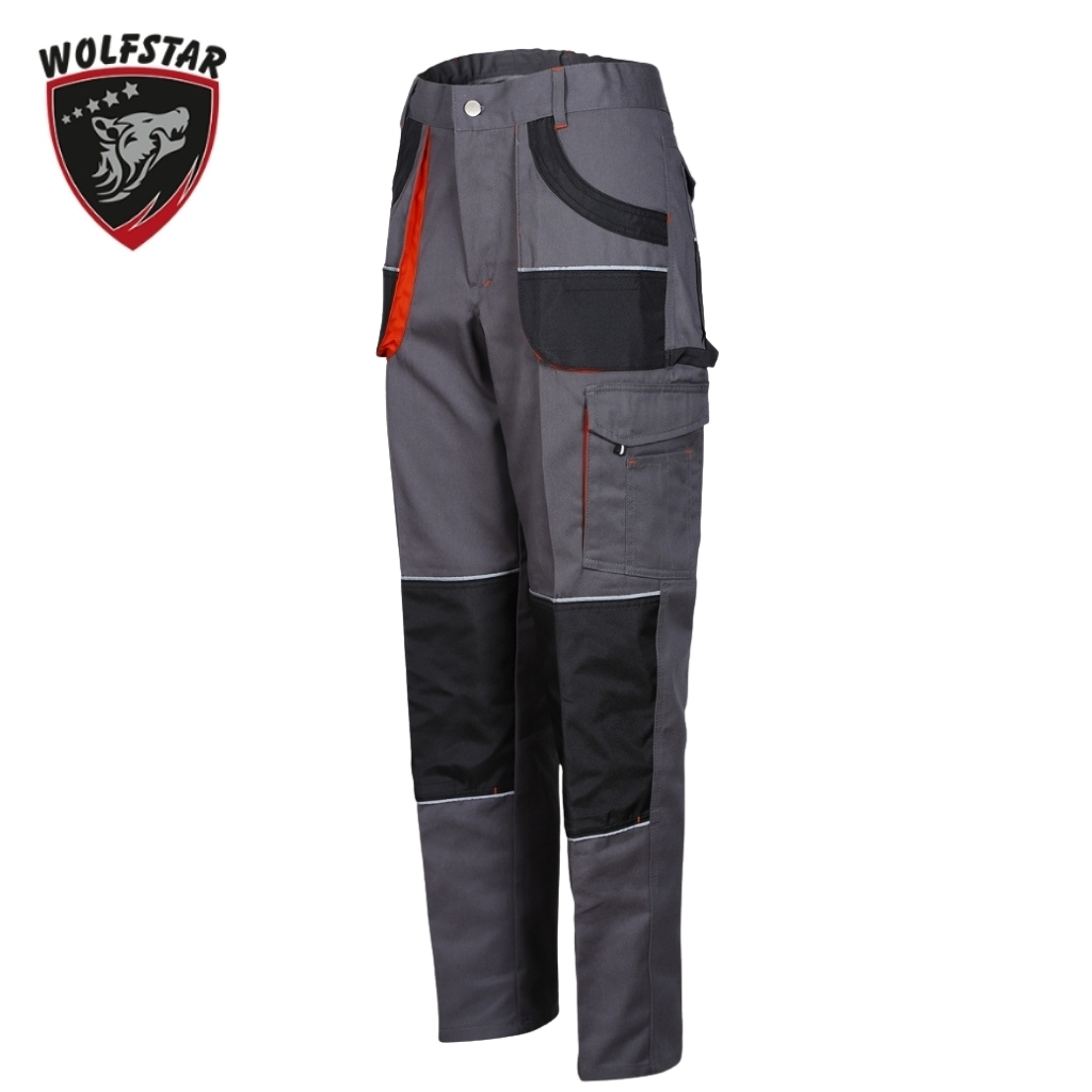 Grey cargo work pants with multiple pockets, black knee patches, and red stitching; Wolfstar logo in the top-left corner.