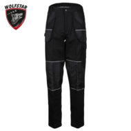 Black cargo pants with multiple pockets and reflective piping, shown on white background with Wolfstar logo in top-left.