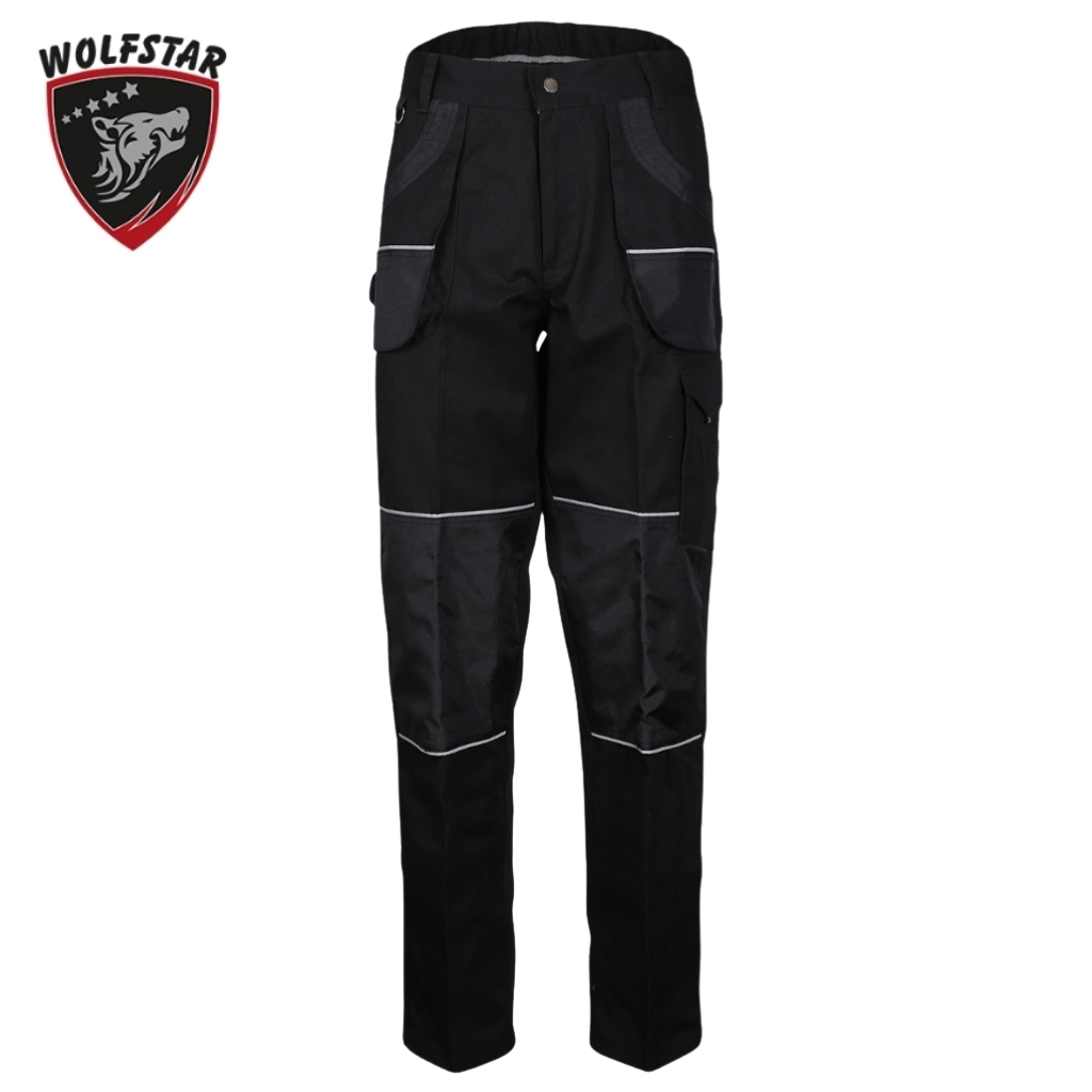 Black cargo pants with multiple pockets and reflective piping, shown on white background with Wolfstar logo in top-left.