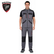 Man modeling a grey and black utility vest and matching pants with multiple pockets and red accents, standing with a neutral pose (Wolfstar logo in the top-left)