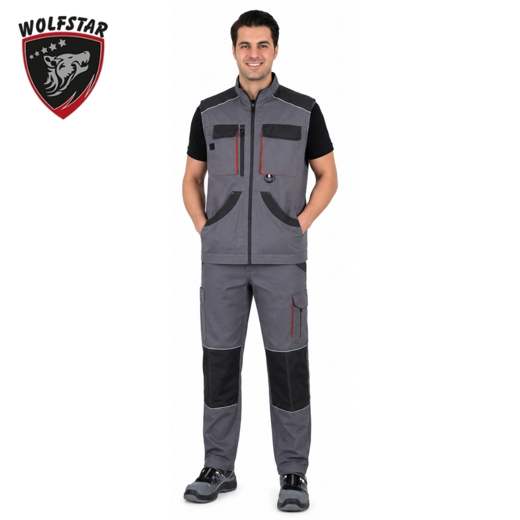 Male model wearing gray and black utility work vest and pants with multiple pockets, standing with hands in pockets; Wolfstar logo top-left.
