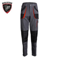 Grey and black hiking pants with red piping and cargo pocket, Wolfstar logo to the left.