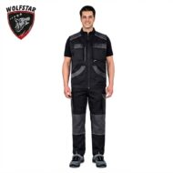Male model wearing black and gray utility jumpsuit with multiple pockets and reinforced panels; Wolfstar logo in the top-left corner