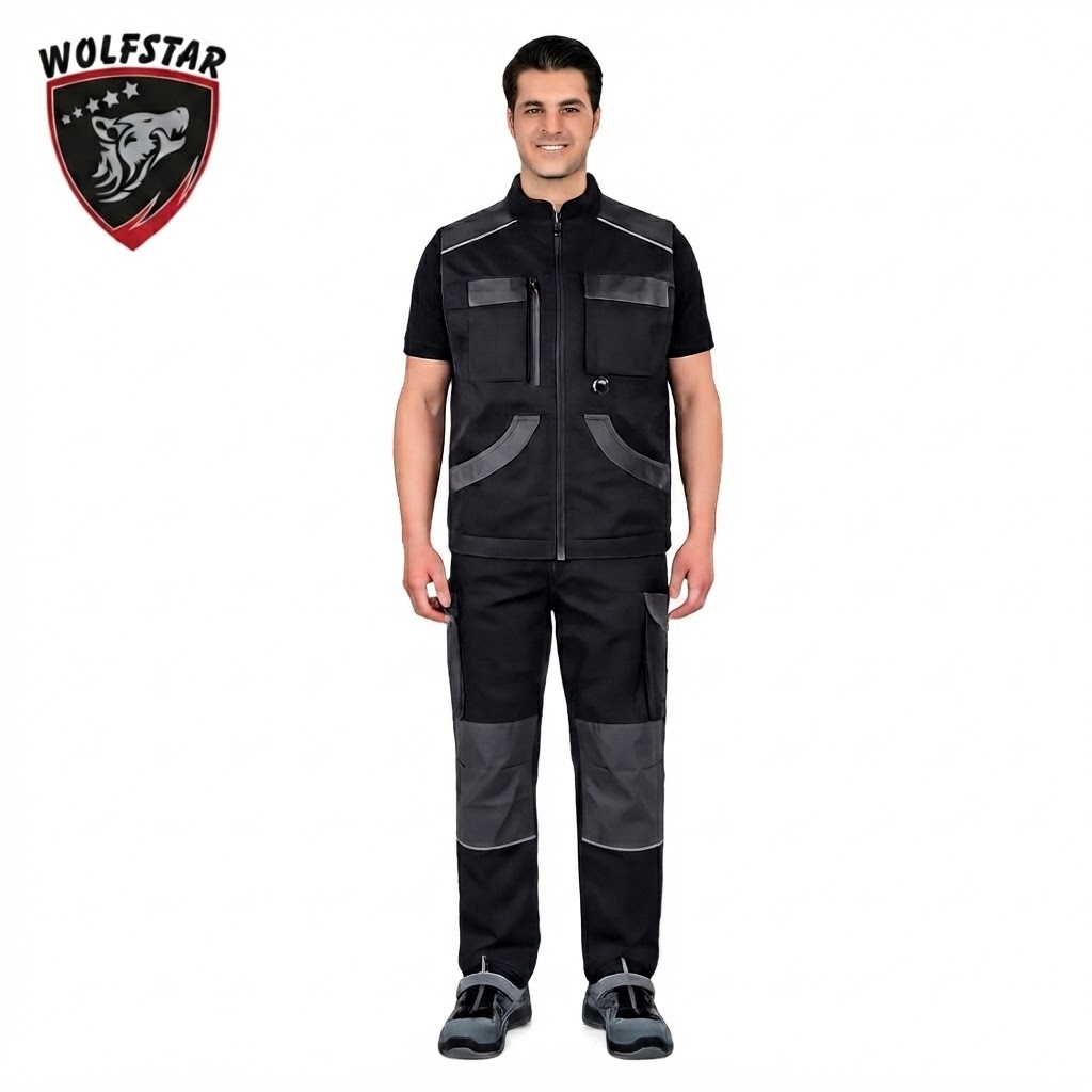 Male model wearing black and gray utility jumpsuit with multiple pockets and reinforced panels; Wolfstar logo in the top-left corner