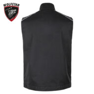 Back view of a black sleeveless vest with white piping along the shoulders; Wolfstar logo in the upper left corner.