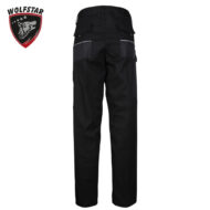 Back view of black cargo work pants with multiple pockets and white piping, Wolfstar logo in the top-left corner
