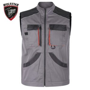Gray utility vest with zippered chest pockets, large front pockets, orange trim, and a Wolfstar logo in the top-left corner.