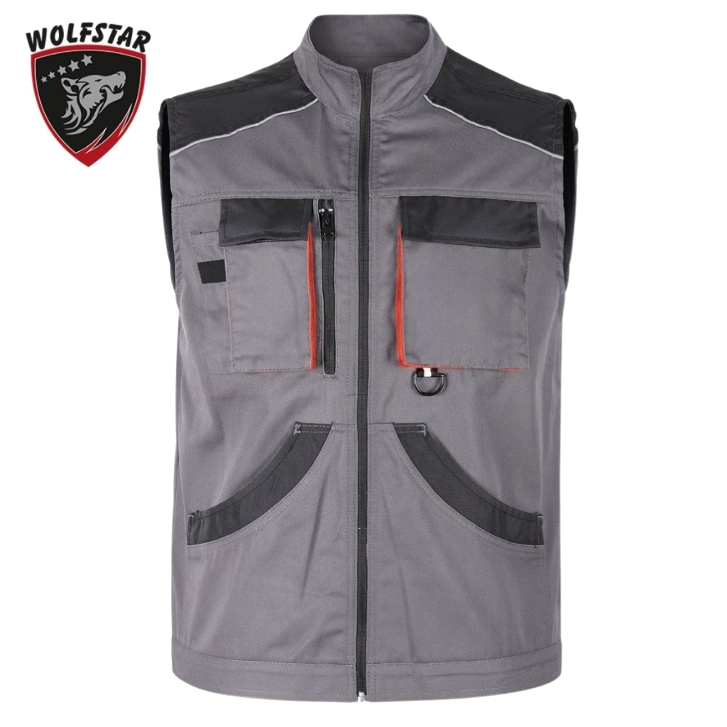 Gray utility vest with zippered chest pockets, large front pockets, orange trim, and a Wolfstar logo in the top-left corner.