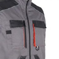 Close-up of a gray utility jacket with multiple pockets, zippers, and red zipper pulls on the chest area.