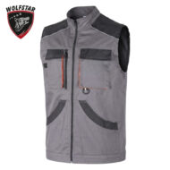 Gray utility vest with multiple pockets and black accents, zipper front, D-ring detail, and a Wolfstar logo in the top-left corner (product image).