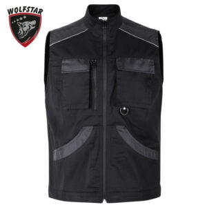 Black utility vest with multiple pockets, front zipper, and D-ring; Wolfstar logo in top-left corner.