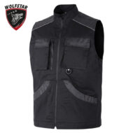 Dark gray utility vest with multiple pockets, zip front, D-ring and contrast trim, sleeveless with a Wolfstar logo in the corner.