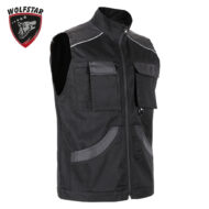 Black utility vest with zip front and multiple pockets, gray trim, and a Wolfstar logo in the top-left corner.