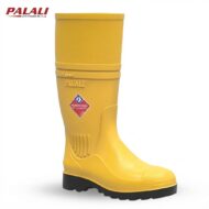 Yellow rubber safety boot by Palali with black tread sole, mid-calf height, waterproof and rugged for work sites.