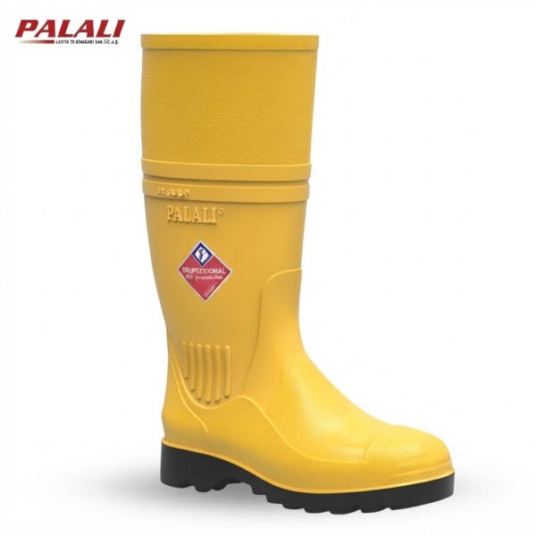 Yellow rubber safety boot by Palali with black tread sole, mid-calf height, waterproof and rugged for work sites.
