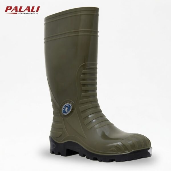 Olive green knee-high rubber boot with a ridged shaft and rugged black sole, displaying a circular blue badge on the side and Palau branding in the top-left corner.