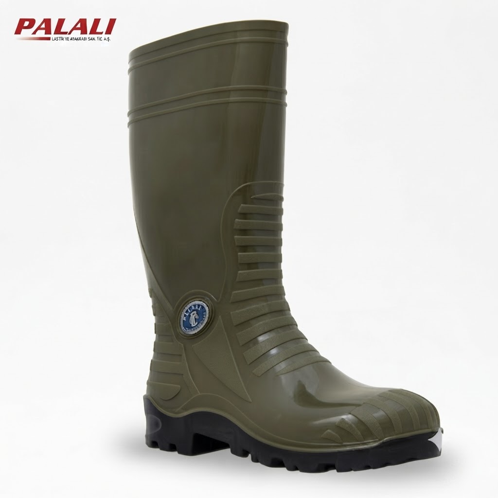 Olive green knee-high rubber boot with a ridged shaft and rugged black sole, displaying a circular blue badge on the side and Palau branding in the top-left corner.