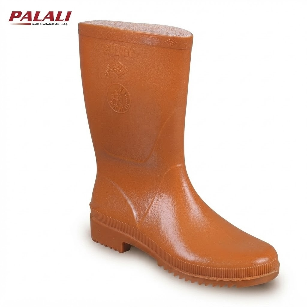 Orange rubber rain boot with a ridged sole, mid-calf height, branded Palai, photographed on a white background.