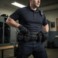 Male security officer wearing a black polo and tactical belt with holsters and radio in a locker room setting