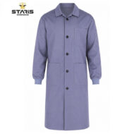 Purple workwear lab coat with button front, three/three-pocket design and ribbed cuffs (brand: Staris Workwear)