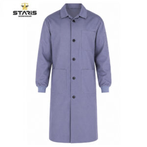 Purple workwear lab coat with button front, three/three-pocket design and ribbed cuffs (brand: Staris Workwear)