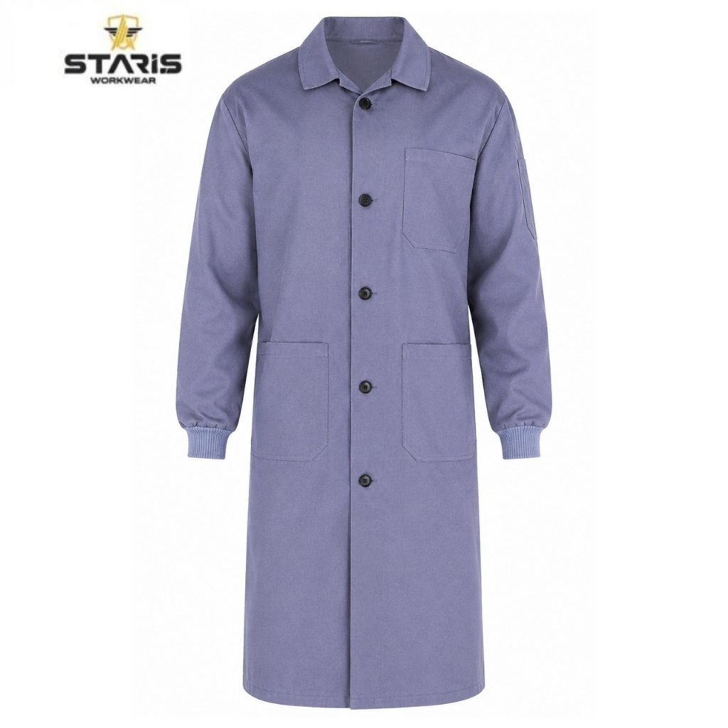 Purple workwear lab coat with button front, three/three-pocket design and ribbed cuffs (brand: Staris Workwear)