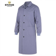 Purple lab coat with button front, chest and lower pockets, knee-length, ribbed cuffs (Staris Workwear)
