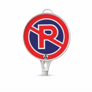 Round novelty pendant light displaying a red 'R' inside a blue circle, resembling a registered trademark sign, hanging from a white fixture.