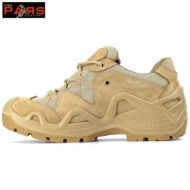 Beige hiking boot with rugged tan sole and mesh panels, side view