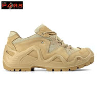 Beige rugged hiking/tactical boot with thick tread, mesh and leather panels, shown in side profile on white background.