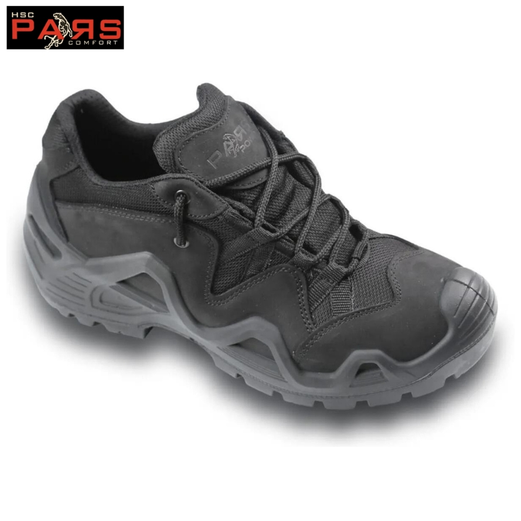 Black safety work boot with reinforced toe and chunky tread sole