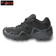 Black rugged hiking shoe with a chunky tread sole and reinforced toe, shown in a side profile (brand logo in the top-left corner).