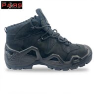 Side view of a black high-ankle hiking boot with a rugged chunky sole and laces.