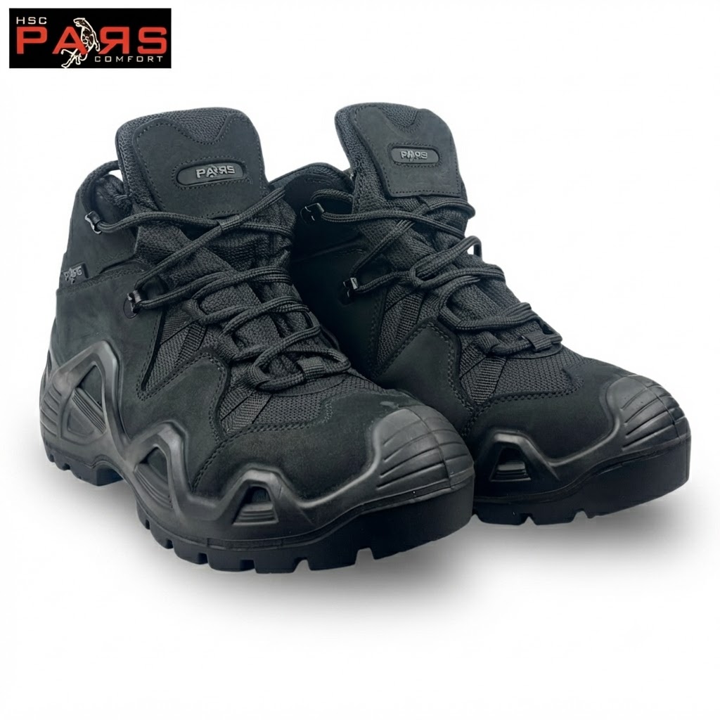 Pair of black hiking boots with reinforced toe caps, textured laces, and chunky lug soles.