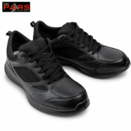 Pair of black athletic sneakers with mesh panels and leather overlays on a white background.