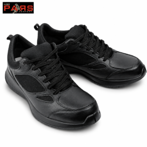 Pair of black athletic sneakers with mesh panels and leather overlays on a white background.