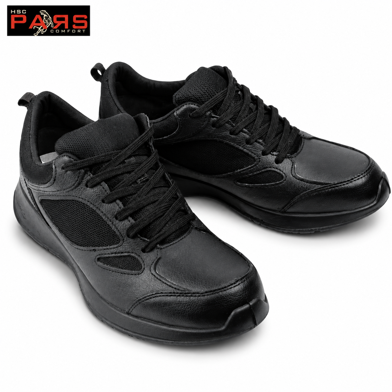 Pair of black athletic sneakers with mesh panels and leather overlays on a white background.