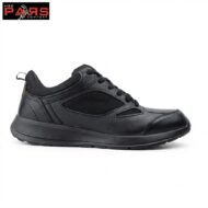 Black athletic sneaker with mesh panels and a chunky sole, shown in side view (product photo).
