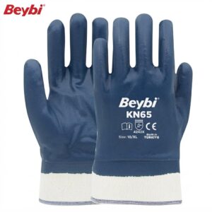 Blue Beybi KN65 disposable work gloves, size 10/XL, with white knit cuffs visible at bottom.